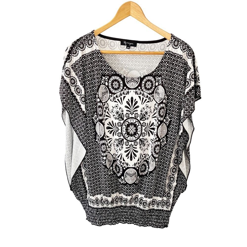 Lily Morgan Black White Boho Tunic Top Medium Dolman Sleeve Kaftan Blouse - Picture 2 of 9
